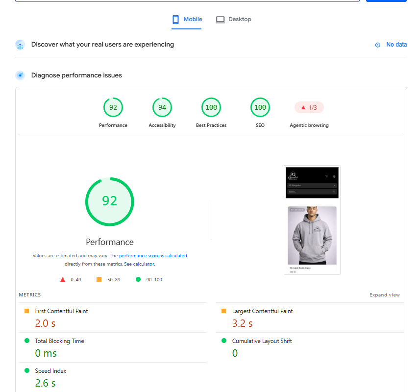 PageSpeed Insights mobile report for the live Chacalus commerce deployment